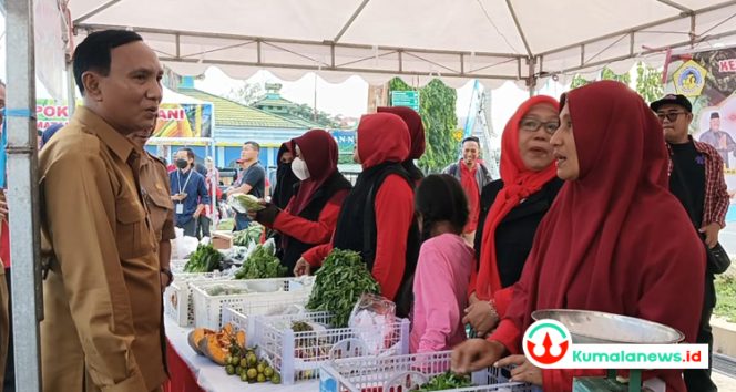 
 Asisten II Bidang Perekonomian dan Pembangunan Setkab Kukar, Ahyani Fadiani Dianur, saat meninjau salah satu tenda peserta Gerakan Pangan Murah.(kumalanews.id)