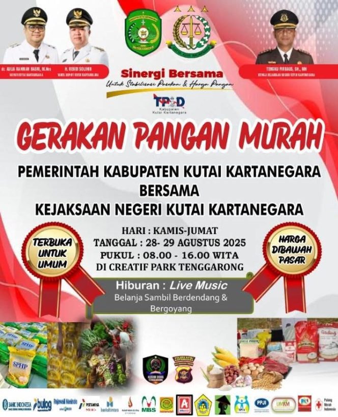 
 Foto Infografik pelaksanaan Gerakan Pangan Murah (GPM) yang kembali digelar oleh Pemerintah Kabupaten Kutai Kartanegara, berkolaborasi dengan Kejaksaan Negeri Kukar, pada 28–29 Agustus di Creative Park Tenggarong, dan kegiatan ini menjadi agenda ketiga sepanjang bulan kemerdekaan. (Istimewa)