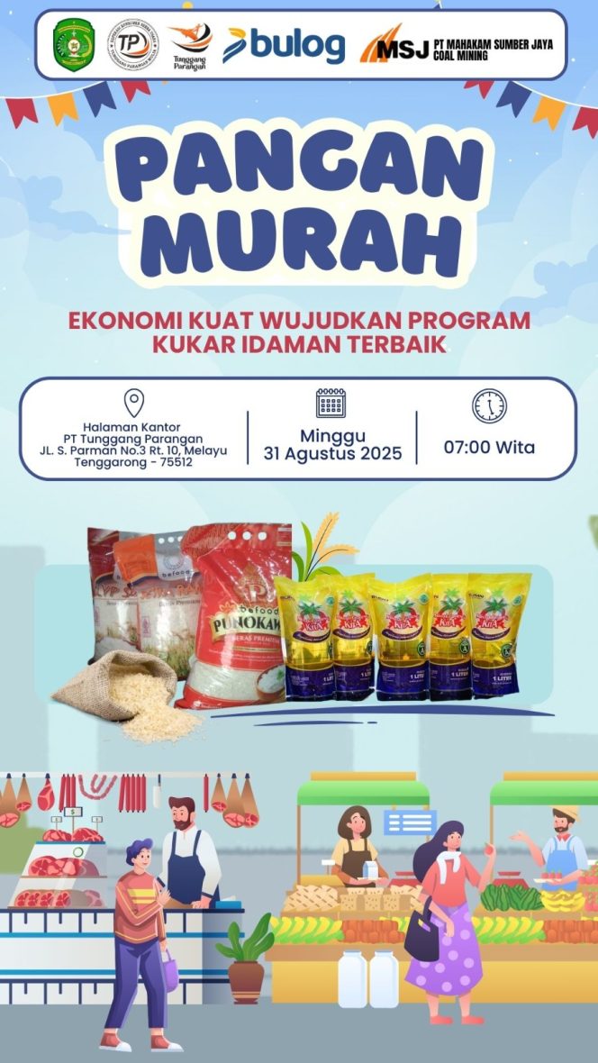 
 Foto infografik pangan murah yang akan digelar Koperasi Tunggang Parangan Kutai Kartanegara pada Minggu, 31 Agustus 2025, pukul 07.00 WITA. Acara tersebut dipusatkan di halaman Wisma PT Tunggang Parangan, Jalan S. Parman No.3 RT.10, Kelurahan Melayu, Kecamatan Tenggarong. (Foto. Dok: PT Tunggang Parang Kukar)
