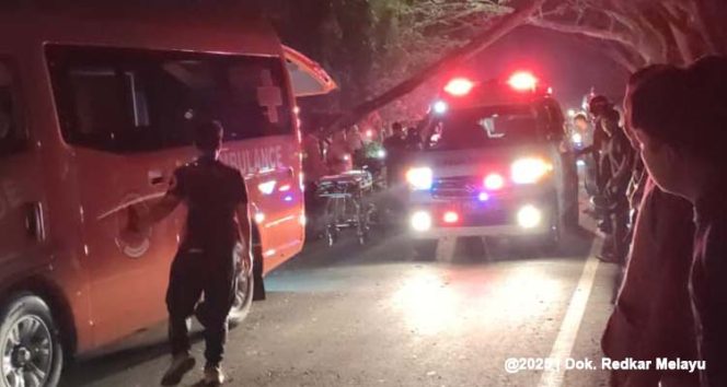 
 Petugas mengevakuasi tiga korban tertimpa pohon tumbang di Jalan AP Mangkunegara, Tenggarong Seberang, Minggu (17/8/2025). Satu korban meninggal dunia di lokasi, sementara dua lainnya dilarikan ke RSUD A.M. Parikesit untuk mendapatkan perawatan medis. (Foto. Dok: Redkar Melayu)