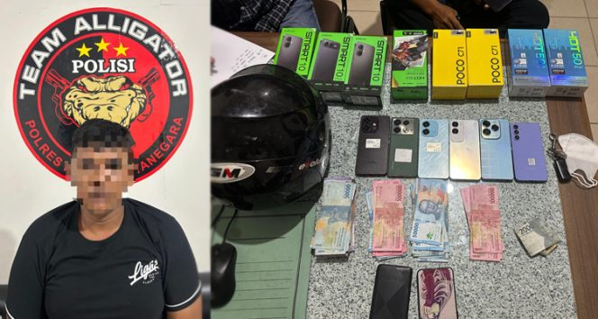 
 Pelaku penipu bermodus beli handphone bersama barang bukti berhasil diamankan oleh tim Unit Opsnal Alligator Satreskrim Polres Kutai Kartanegara. (Foto. Dok. Satreskrim Polres Kukar)