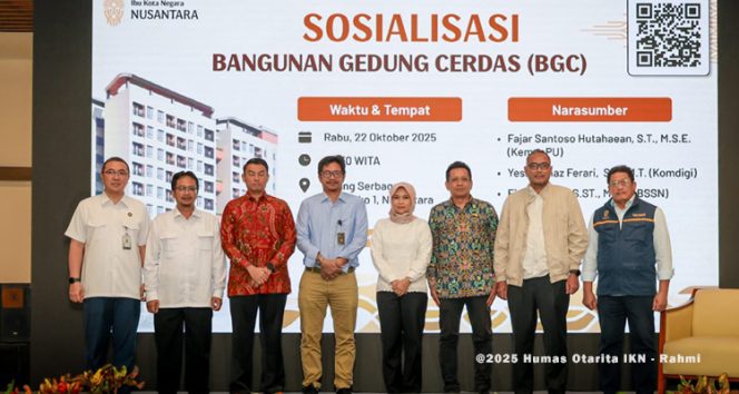 
 Dihadiri oleh puluhan peserta, baik dari pegawai Otorita IKN maupun konsultan dan jasa penyedia konstruksi, sosialisasi Bangunan Gedung Cerdas (BGC) dilaksanakan di Ruang Serbaguna Kemenko 1, KIPP Nusantara, Rabu (22/10/2025).