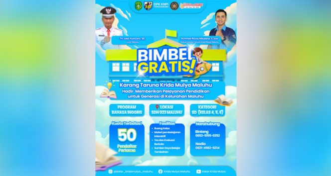
 Poster kegiatan Karang Taruna Krida Mulya Kelurahan Maluhu yang mengumumkan program Bimbingan Belajar (Bimbel) Gratis Bahasa Inggris bagi siswa SD kelas 4, 5, dan 6. Kegiatan yang dilaksanakan di SDN 023 Maluhu ini diinisiasi oleh pemuda Karang Taruna dengan dukungan Lurah Maluhu, Tri Joko Kuncoro, dan Ketua Karang Taruna Krida Mulya, Ahmad Rosja Maulana, sebagai upaya meningkatkan kualitas pendidikan dan semangat belajar generasi muda di Kelurahan Maluhu.