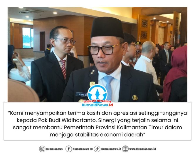 
 Wakil Gubernur Kalimantan Timur, Seno Aji, memberikan keterangan pers kepada awak media usai Upacara Pengukuhan Kepala Perwakilan Bank Indonesia Provinsi Kalimantan Timur di Kantor Perwakilan BI Kaltim, Samarinda, Senin (26/1/2026). Foto: Yana Ashari.