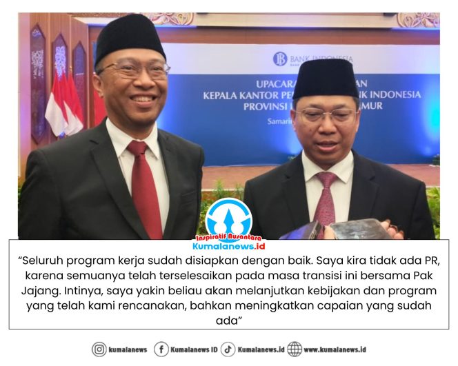 
 Kepala Perwakilan Bank Indonesia (BI) Provinsi Kalimantan Timur, Jajang Hermawan, didampingi mantan Kepala Perwakilan BI Provinsi Kaltim, Budi Widihartanto, memberikan keterangan pers kepada sejumlah media usai Upacara Pengukuhan di Ruang Maratua Lantai 4, Kantor Perwakilan BI Provinsi Kalimantan Timur, Samarinda, Senin (26/1/2026). Foto: Yana Ashari.