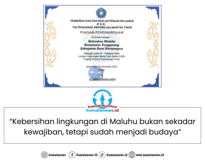 
 Piagam penghargaan yang diraih Kelurahan Maluhu, Kecamatan Tenggarong, Kabupaten Kutai Kartanegara, sebagai Juara III kategori kota pada Lomba Lingkungan Bersih dan Sehat (LBS) tingkat Provinsi Kalimantan Timur. Foto: Dok. Kelurahan Maluhu.