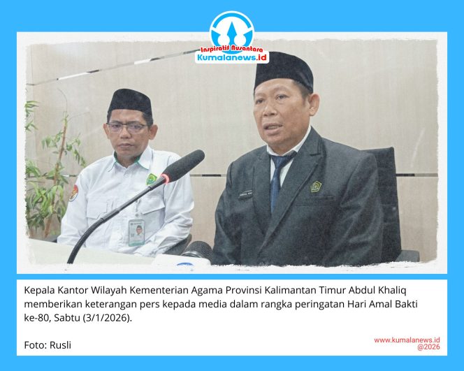 
 Kepala Kantor Wilayah Kementerian Agama Provinsi Kalimantan Timur Abdul Khaliq memberikan keterangan pers kepada media dalam rangka peringatan Hari Amal Bakti ke-80, Sabtu (3/1/2026).
Foto: Rusli
