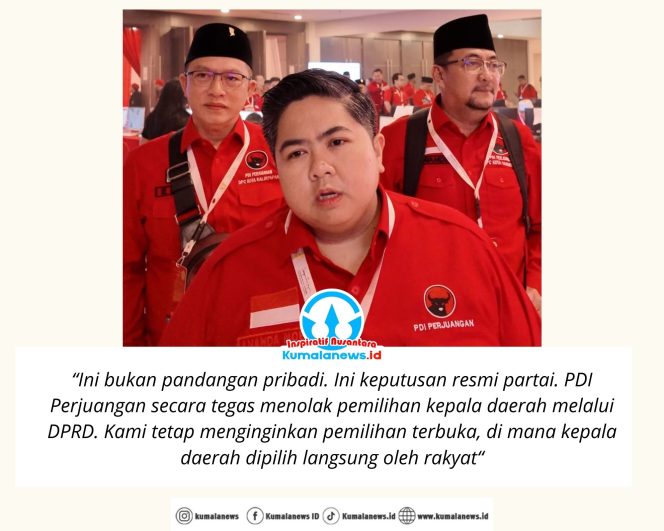 
 Sekretaris DPD PDI Perjuangan Provinsi Kalimantan Timur, Ananda Emira Moeis, memberikan keterangan pers kepada awak media terkait wacana pengembalian mekanisme pemilihan kepala daerah melalui DPRD. PDI Perjuangan secara tegas menolak pemilihan kepala daerah secara tidak langsung dan menegaskan komitmennya untuk mempertahankan pilkada langsung sebagai wujud kedaulatan rakyat.