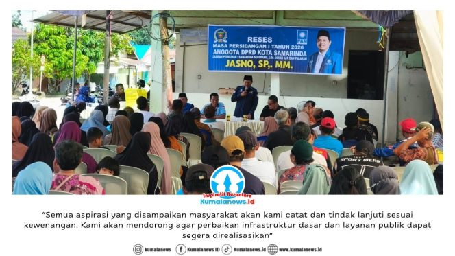 
 Anggota DPRD Kota Samarinda, Jasno, menyerap aspirasi masyarakat saat kegiatan Reses Masa Persidangan I Tahun 2026 di Jalan Diponegoro RT 21, Kelurahan Bukuan, Samarinda, Jumat (13/2/2026) sore.