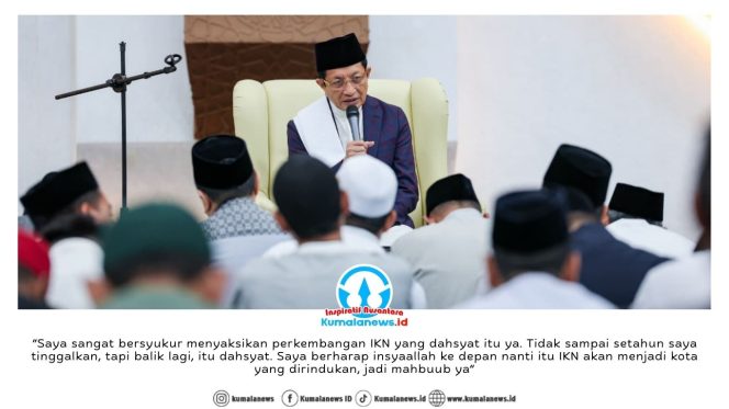
 Menteri Agama RI melaksanakan ibadah salat subuh berjamaah di Masjid Negara Ibu Kota Nusantara pada Sabtu (21/2/2026). Kegiatan ini menjadi bagian dari rangkaian kegiatan kunjungan, mulai dari Istana Garuda hingga area Glamping IKN. Dok: Humas Otorita Ibu Kota Nusantara