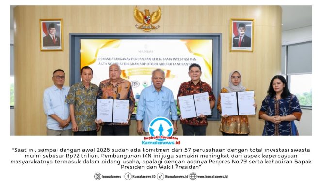 
 Bersama dengan Kepala Otorita IKN, Basuki Hadimuljono, sejumlah investor, di antaranya PT Panca Karya Sentosa, PT Maxi Nusantara Raya, serta PT Borneo Berkah Abadi teken pendatanganan kerja sama (PKS) di Balai Kota Otorita IKN, KIPP Nusantara, pada Rabu (25/02/2026). Dok: Humas Otorita Ibu Kota Nusantara.