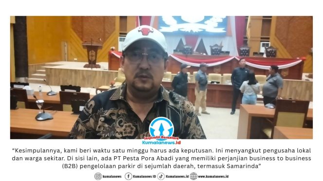 
 Ketua Komisi II DPRD Kota Samarinda, Iswandi, memberikan keterangan kepada media usai rapat hearing terkait pengelolaan parkir Resto Mie Gacoan di Jalan M. Yamin dan Jalan Ahmad Yani. Foto: Yana Ashari.