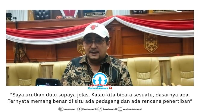 
 Ketua Komisi II DPRD Kota Samarinda, Iswandi, memberikan keterangan kepada sejumlah media usai Hearing Komisi II DPRD Samarinda terkait penertiban UMKM di kawasan Folder Air Hitam, Kamis (5/2/2026). Foto: Yana Ashari.