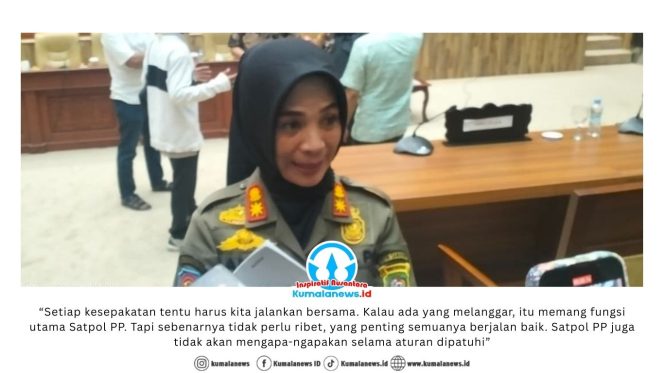 
 Kepala Satuan Polisi Pamong Praja (Satpol PP) Kota Samarinda, Anis Siswantini, memberikan keterangan kepada sejumlah media usai Rapat Hearing DPRD terkait persoalan Pedagang UMKM di kawasan Folder Air Hitam, Kamis (5/2/2026). Foto: Yana Ashari.