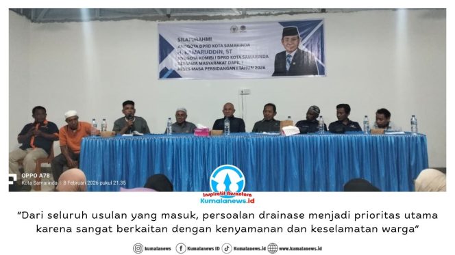 
 Anggota DPRD Kota Samarinda sekaligus anggota Komisi I DPRD Kota Samarinda dari Fraksi Partai NasDem, Kamaruddin, saat melaksanakan kegiatan Reses Masa Persidangan I Tahun 2026 di Aula Pertemuan RT 11 Kelurahan Sungai Kapih, Kecamatan Sambutan, Kota Samarinda, Minggu (8/2/2026) malam. Foto: Yana Ashari.
