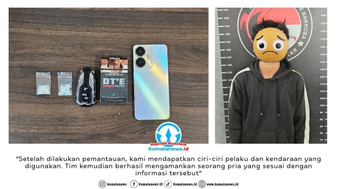 
 Pelaku bersama barang bukti berhasil diamankan oleh Satuan Reserse Narkoba Polres Kutai Kartanegara. Dok: Satresnarkoba Polres Kukar.