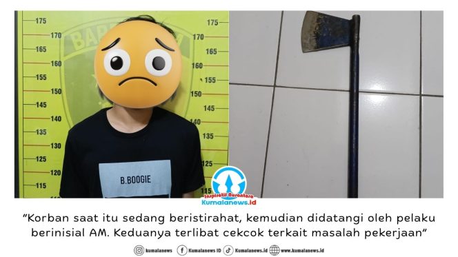
 Pelaku bersama barang bukti kapak sepanjang ±60 cm warna biru yang berhasil diamankan petugas Polsek Muara Muntai. Dok: Polsek Muara Muntai.