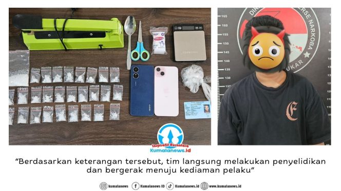 
 Pelaku bersama barang bukti berhasil diamankan oleh Satuan Reserse Narkoba Polres Kutai Kartanegara. Dok: Satresnarkoba Polres Kukar.