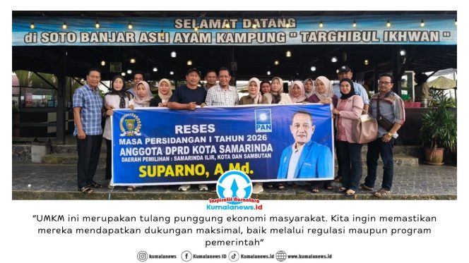 
 Anggota DPRD Kota Samarinda, Suparno, berfoto bersama usai melaksanakan Reses Masa Persidangan I Tahun 2026 di Rumah Makan Soto Banjar Asli Ayam Kampung Targhibul Ikhwan, Jalan Kapten Sujono, Kelurahan Sungai Kapih, Rabu (11/2/2026).