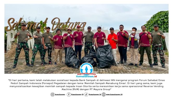 
 Otorita IKN bersama Grup 4 Kopassus, aparat kewilayahan dari Kecamatan Samboja Barat dan Kelurahan Sungai Merdeka, serta Balai Perhutanan Sosial Kutai Kartanegara berhasil melaksanakan aksi bersih sampah di Ibu Kota Nusantara, pada Rabu (11/2/2026). Dok: Humas Otorita Ibu Kota Nusantara.