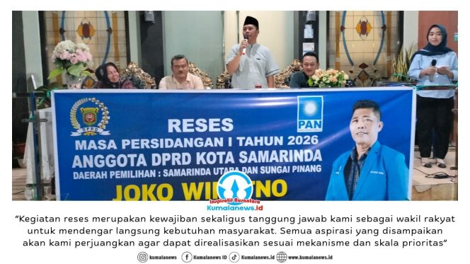 
 Anggota DPRD Kota Samarinda, Joko Wiratno, saat melaksanakan kegiatan Reses Masa Persidangan I Tahun 2026 di Jalan Sentosa Gang KAMI RT 31, Kelurahan Sungai Pinang Dalam, Samarinda, Kamis (12/2/2026) malam.