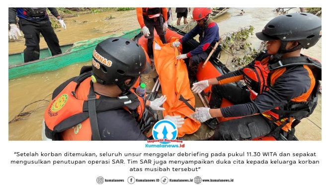 
 Tim Rescue Kantor SAR Balikpapan bersama Tim SAR Gabungan mengevakuasi Fitriadi (43), pendulang pasir yang sebelumnya dilaporkan terseret arus di Sungai Kandilo, Desa Songka, Kabupaten Paser. Dok: Basarnas Kaltim.