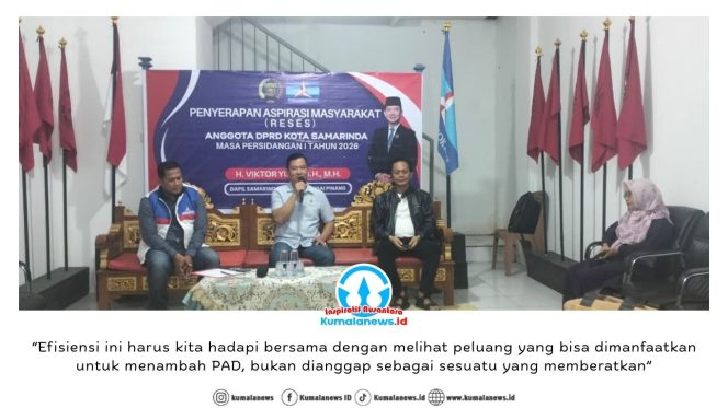 
 Anggota DPRD Kota Samarinda, Viktor Yuan, menyampaikan sambutan dalam kegiatan Reses Masa Sidang I Tahun 2026 di Ruko Bumi Sempaja City, Kantor DAD Kaltim, Jalan PM Noor, Kecamatan Samarinda Utara, Jumat (13/2/2026) malam. Foto: Yana Ashari.