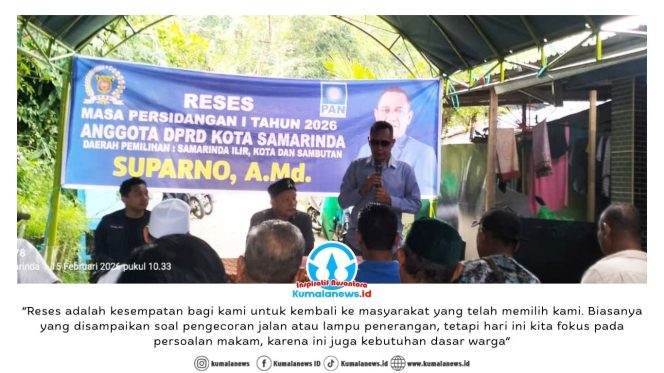 
 Anggota DPRD Kota Samarinda, Suparno dari Fraksi PAN, menyampaikan sambutan dalam kegiatan Reses Masa Persidangan I Tahun 2026 di Daerah Pemilihan Samarinda Ilir dan Samarinda Kota. Foto: Yana Ashari.