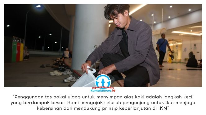 
 Otorita Ibu Kota Nusantara (IKN) menyambut antusias masyarakat dengan menyampaikan sejumlah imbauan guna menjaga kenyamanan, keamanan, dan ketertiban. Salah satunya, pengunjung diminta menyimpan sandal dan sepatu di kawasan Masjid Negara IKN menggunakan tas pakai ulang (reusable bag) sebagai bentuk kepedulian terhadap lingkungan. Dok: Humas Otorita Ibu Kota Nusantara.