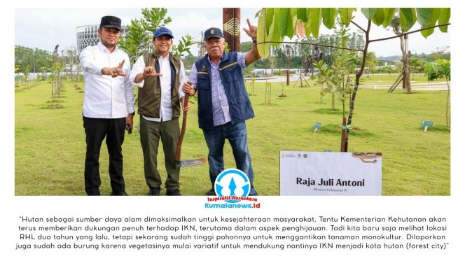 
 Menteri Kehutanan RI, Raja Juli Antoni, melakukan kunjungan kerja ke IKN pada Sabtu (28/02/2026), meninjau langsung progres rehabilitasi hutan, penanaman pohon hingga melakukan penyerahan SK Perhutanan Sosial untuk 4 KTH. Dok: Humas Otorita Ibu Kota Nusantara.