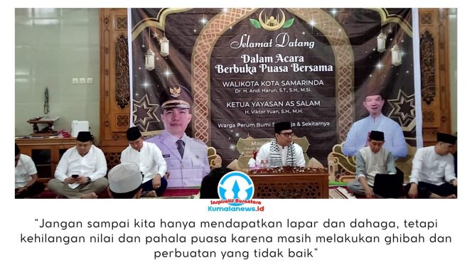 
 Wali Kota Samarinda, Andi Harun, memberikan sambutan saat menghadiri kegiatan buka puasa bersama warga Perumahan Bumi Sempaja, Samarinda, Minggu (1/3/2026).