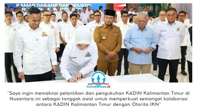 
 Kepala Otorita IKN, Basuki Hadimuljono, beserta jajaran turut menghadiri pelantikan dan pengukuhan KADIN Kalimantan Timur yang digelar di Kantor Bersama 3, KIPP Nusantara, pada Semin (2/3/2026). Dok: Humas Otorita Ibu Kota Nusantara.