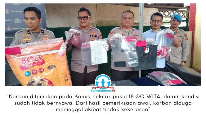 
 Kapolresta Samarinda, Kombes Pol Hendri Umar, didampingi jajaran Satreskrim Polresta Samarinda dan Kapolsek Palaran AKP Iswanto, menunjukkan barang bukti yang diamankan dari tersangka kasus pembunuhan saat konferensi pers di Mapolsek Palaran. Foto: Yana Ashari.
