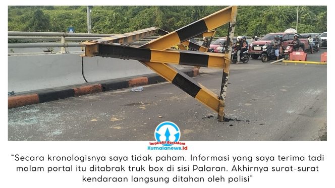 
 Sebuah portal pembatas di Jembatan Achmad Amins atau yang dikenal sebagai Jembatan Mahkota II, sisi Palaran, terlihat rusak setelah ditabrak sebuah truk box pada malam hari. Foto: Yana Ashari.