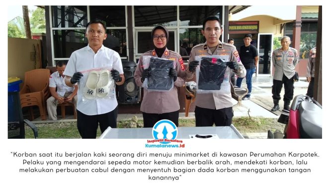 
 Kapolsek Sungai Kunjang, AKP Ning Tyas Widyas Mita, bersama jajaran menunjukkan barang bukti dalam pengungkapan kasus tindak pidana perbuatan cabul di Polsek Sungai Kunjang, Samarinda. Foto: Yana Ashari.
