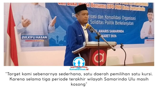 
 Ketua DPD PAN Samarinda, Suparno, menyampaikan sambutan pada kegiatan Musyawarah Cabang (Muscab) VI Dewan Pimpinan Cabang (DPC) PAN se-Kota Samarinda yang dirangkaikan dengan buka puasa bersama. Kegiatan bertema “Restrukturisasi dan Konsolidasi Organisasi Menuju Soliditas Politik Berkelanjutan” tersebut berlangsung di Hotel Amaris Samarinda, Minggu (8/3/2026). Foto: Yana Ashari.