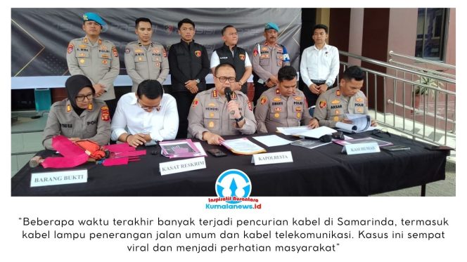 
 Kapolresta Samarinda, Kombes Pol Hendri Umar, memimpin konferensi pers terkait pengungkapan kasus pencurian kabel yang sempat viral dan meresahkan masyarakat. Dalam kasus tersebut, polisi mengamankan lima orang pelaku dari dua perkara berbeda. Foto: Yana Ashari.