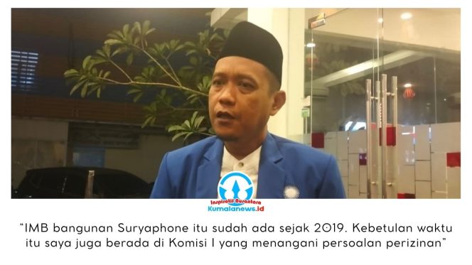
 Anggota Komisi I DPRD Kota Samarinda, Suparno, memberikan keterangan kepada awak media terkait izin mendirikan bangunan (IMB) bangunan Suryaphone yang disebut telah terbit sejak tahun 2019. Foto: Yana Ashari.