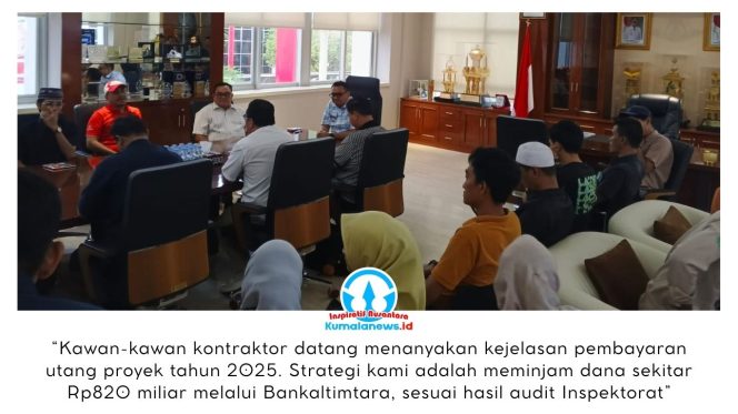 
 Puluhan kontraktor mendatangi Kantor Bupati Kutai Kartanegara untuk menyampaikan keluhan terkait kepastian pembayaran proyek tahun anggaran 2025 yang hingga kini belum terealisasi. Kedatangan mereka diterima langsung oleh Bupati Kutai Kartanegara, Aulia Rahman Basri, yang mengajak para kontraktor berdiskusi guna mencari solusi atas permasalahan tersebut. Foto: Indirwan.