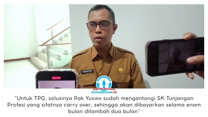 
 Kepala Bidang Pembinaan Ketenagaan Dinas Pendidikan Kota Samarinda, Taufiq Rahman, memberikan keterangan kepada awak media usai rapat bersama Komisi IV DPRD Kota Samarinda terkait pembahasan penyelesaian Tunjangan Profesi Guru (TPG) yang belum terbayarkan, serta persoalan mutasi dan distribusi guru ASN bersertifikasi, Senin (30/3/2026). Foto: Yana Ashari.