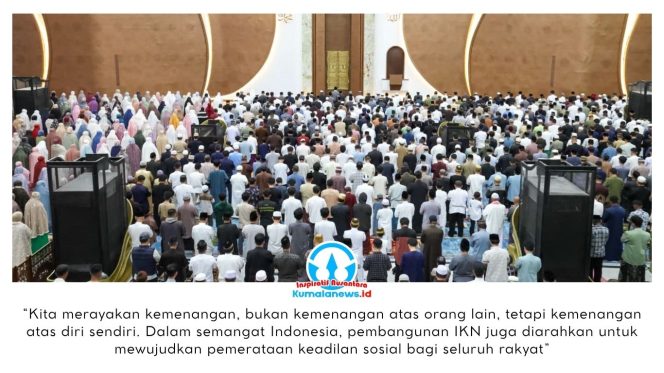 
 Masjid Negara IKN untuk pertama kalinya menyelenggarakan Salat Idulfitri 1447 Hijriah pada Sabtu (21/03/2026). Dok: Humas Otorita Ibu Kota Nusantara.