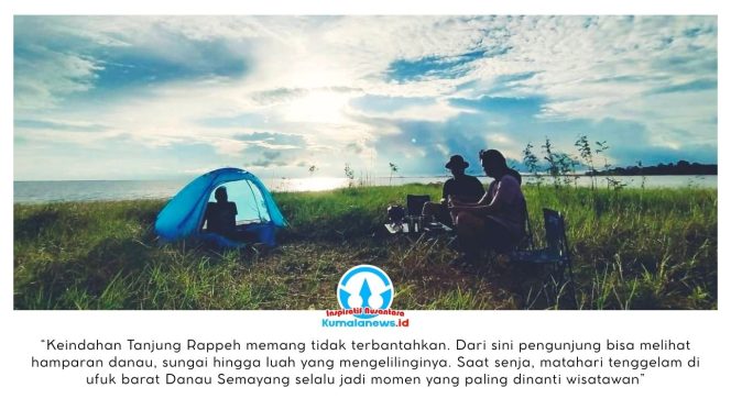 
 Sejumlah wisatawan lokal mendirikan tenda dan menikmati kegiatan berkemah sambil merasakan suasana alam yang asri di Tanjung Rappeh. Destinasi yang berada di Desa Sangkuliman, Kecamatan Kota Bangun, Kutai Kartanegara ini menjadi salah satu lokasi favorit bagi pengunjung untuk menikmati panorama alam danau yang tenang. Dok: Rojali – Pokdarwis BMT.