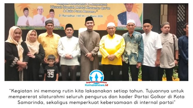 
 Foto bersama Plt. Ketua DPD Partai Golkar Kota Samarinda, Andi Satya Adi Saputra, dan Sekretaris DPD Partai Golkar Kota Samarinda, Rusdi, bersama para tamu undangan usai kegiatan Khataman Al-Qur’an dan Buka Puasa Bersama yang digelar untuk mempererat silaturahmi antar pengurus dan kader partai selama bulan suci Ramadan. Foto: Yana Ashari.
