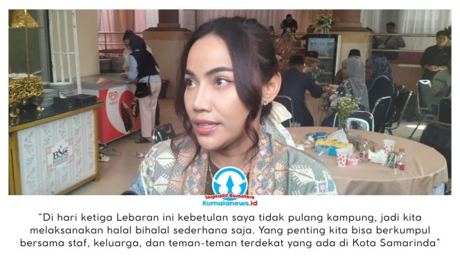
 Wakil Ketua DPRD Kota Samarinda, Celni Pita Sari, memberikan keterangan kepada awak media terkait kegiatan Open House Halal Bihalal yang digelar di kediamannya, Perumahan Pondok Alam Indah, Jalan A.W. Syahranie, Samarinda, Senin (23/3/2026). Foto: Yana Ashari.