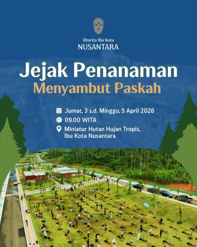 
 Otorita Ibu Kota Nusantara (IKN) menyambut peringatan Hari Paskah dengan menggelar kegiatan Jejak Penanaman bersama masyarakat umum di Kawasan Inti Pusat Pemerintahan (KIPP) Nusantara. Masyarakat yang ingin berpartisipasi dapat mendaftarkan diri melalui aplikasi IKNOW yang tersedia di Google Play Store dan App Store. Dok: Humas Otorita Ibu Kota Nusantara.