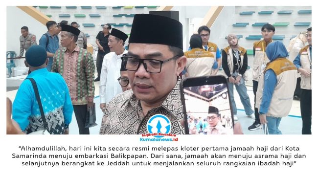 Wali Kota Samarinda, Andi Harun, memberikan keterangan pers kepada awak media usai secara resmi melepas 1.024 jemaah calon haji asal Kota Samarinda di GOR Segiri, Sabtu (25/4/2026). Pelepasan tersebut menandai dimulainya rangkaian pemberangkatan jemaah haji musim 1447 Hijriah/2026 Masehi dari Kota Tepian. Foto: Yana Ashari.