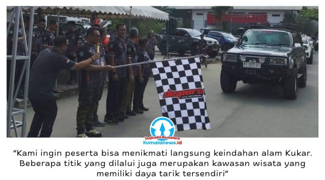 Bupati Kutai Kartanegara, Aulia Rahman Basri, didampingi Kapolres Kukar AKBP Khairul Basyar, Kepala Dispora Kukar, serta tamu undangan lainnya, melepas peserta off-roader dalam ajang Blusukan Alam Kukar (Blukar) 2026 di halaman Kantor Dispora Kukar, Jumat (24/4/2026). Pelepasan ditandai dengan pengibaran bendera start. Foto: Akmal.