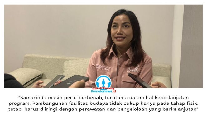 
 Wakil Ketua DPRD Kota Samarinda, Celni Pita Sari, memberikan keterangan kepada awak media terkait pentingnya pengembangan sektor kebudayaan sebagai perhatian serius Pemerintah Kota Samarinda, guna mendorong peningkatan Pendapatan Asli Daerah (PAD). Foto: Yana Ashari.