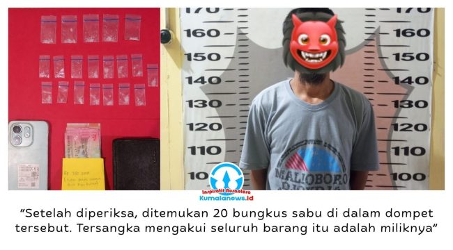 Pelaku penyalahgunaan narkotika berinisial H bersama barang bukti 20 paket sabu berhasil diamankan jajaran Polsek Muara Kaman. Dok: Polsek Muara Kaman.