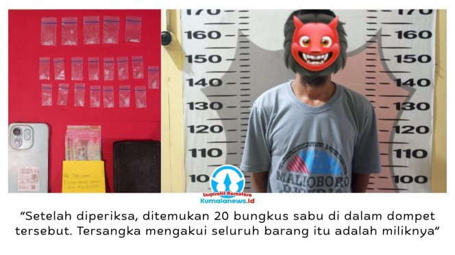
 Pelaku penyalahgunaan narkotika berinisial H bersama barang bukti 20 paket sabu berhasil diamankan jajaran Polsek Muara Kaman. Dok: Polsek Muara Kaman.
